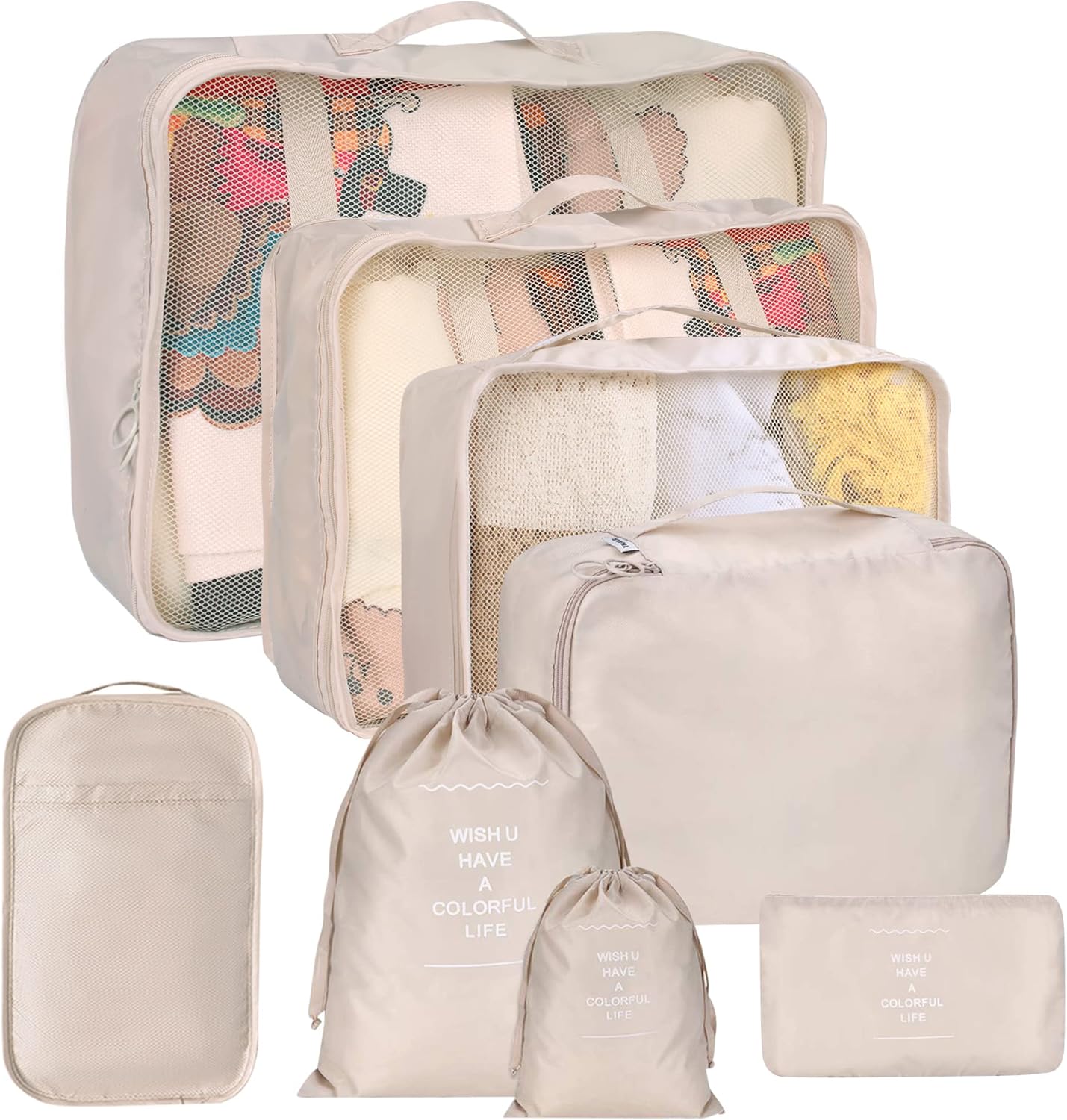 Kingdalux Pack of 8 Packing Cubes for Suitcase, Travel Organizer with Laundry Bag, Compression Bag, Shoe Bag, Underwear Bag for Men and Women