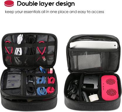 ProCase Electronics Travel Organizer Storage Bag, Double Layer Universal Traveling Gear Accessories Carrying Case Pouch for iPad Mini Cables Phone Chargers Adapter Flash Hard Drive and More â€“Black