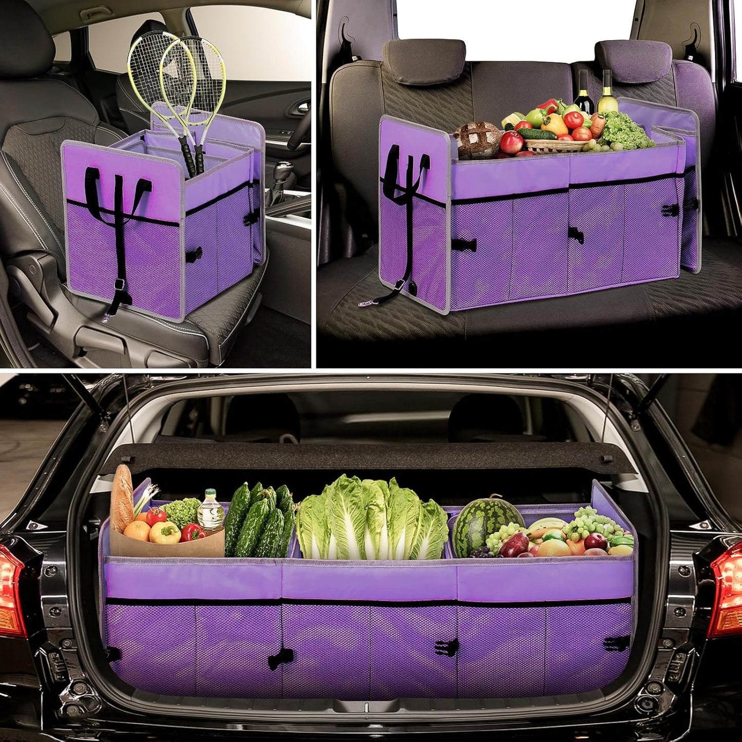 GPUSFAK Purple Car Trunk Organizer with Cooler Bag - 3 Compartment Collapsible Car Storage Organizer for SUV