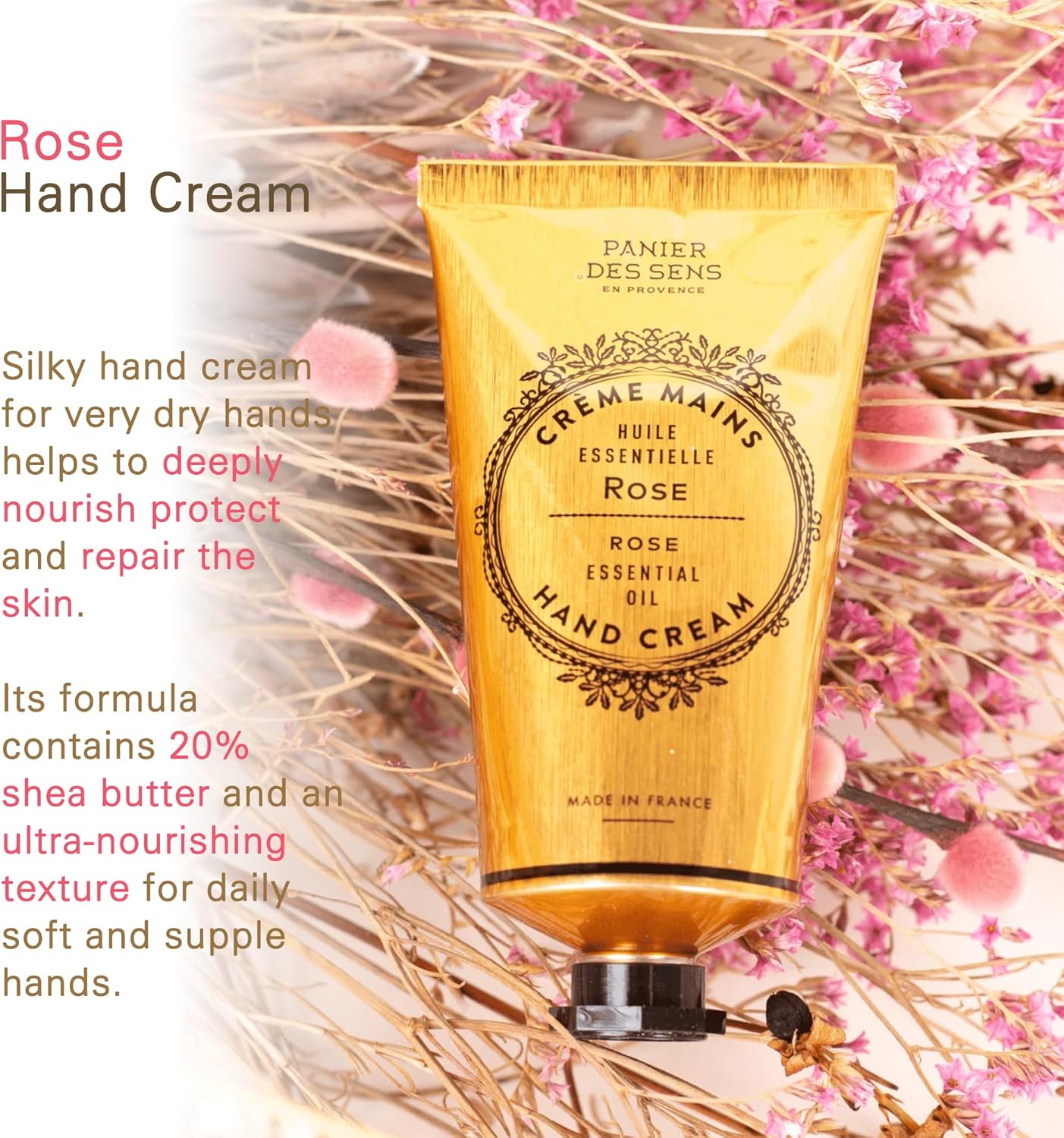 Panier des Sens Dry Cracked Hand Cream with Shea Butter Rosa - Moisturizing Hand Cream - Made in France 97% Natural - 2.6 floz/75 ml