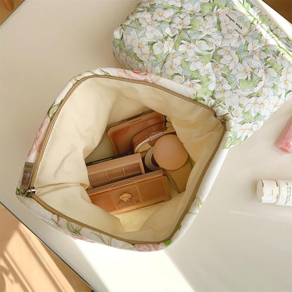 Sminra 2 Pcs Floral Makeup Bag Large Travel Cotton Quilted Cosmetic Makeup Bag Organizer, Cute Coquette Aesthetic Zipper Portable Pouch Purse Storage Toiletry Bag for Women Girls accessories, 03-Green