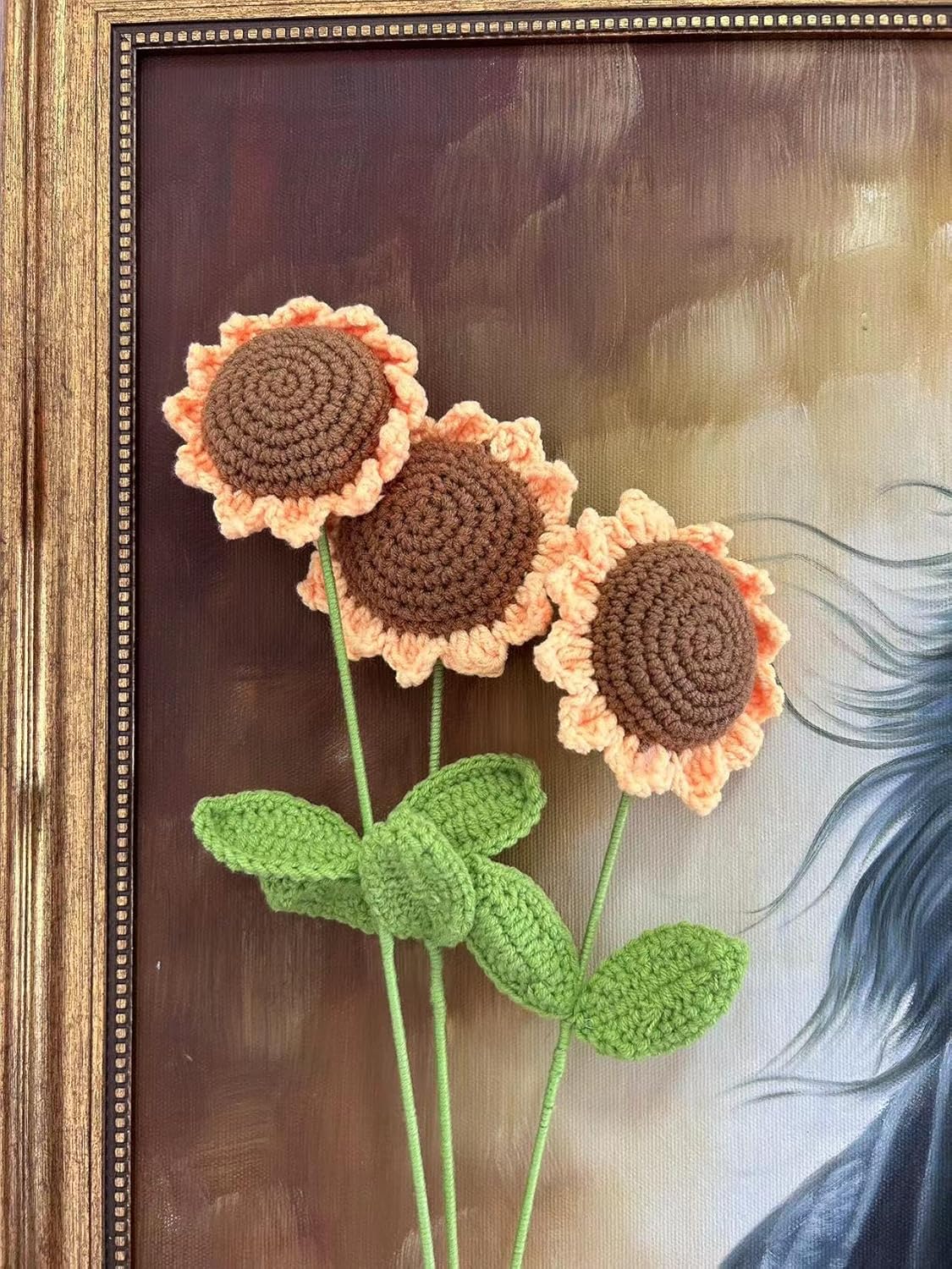 Ozfuns 3 Pcs Knitting Crochet Flowers Bouquet Handmade Sunflower Decor by Cotton Artificial Flowers Bouquet Handmade Home Decor Girl Gift