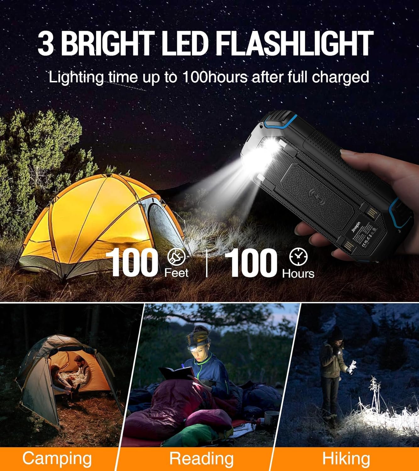 Wireless-36000mAh-Power Bank, Portable Battery Pack with 3 Built-in Cables, Waterproof Solar Charger 4 Outputs 3 Inputs, USB C 3 LED Flashlight, Solar Battery Bank for iPhone Tablet