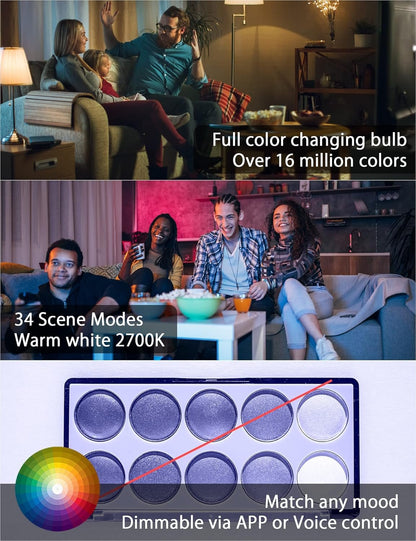 LUMIMAN Smart Light Bulb, Color Changing Smart Bulb Works with Alexa Google Home Smart Life App, RGB 16 Million Music Sync,2700K-6500K 800LM 60W Eqv., No Hub Required, 2 Pack