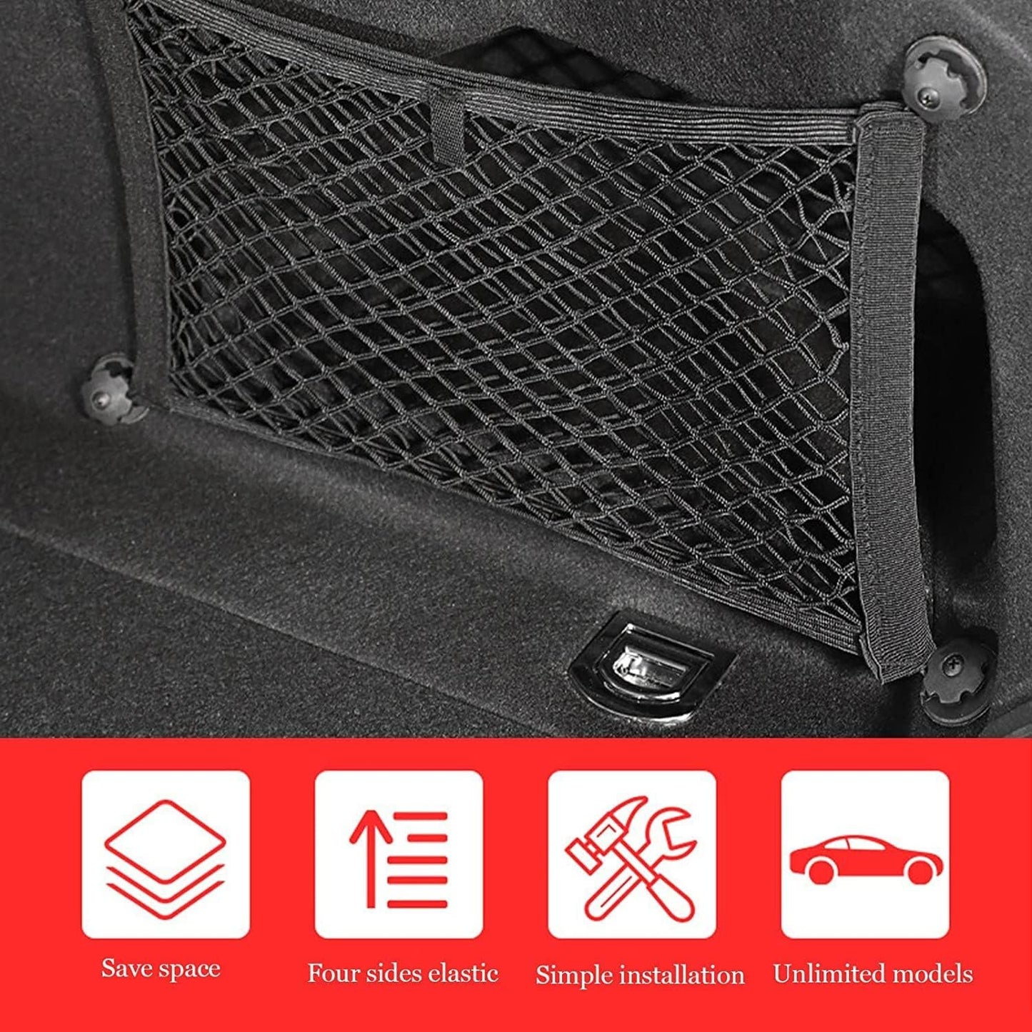 2 Pack Universal Mesh Cargo Netï¼ŒBetterJonny Stretchable Elastic Automotive Cargo Nets with 8 Pieces Mounting Screws and Hooks for Car Trunk Storage Mesh Pocket Net(Black)