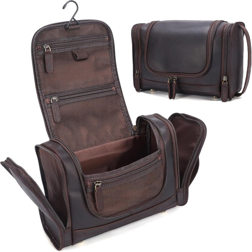 Polare Full Grain Leather Toiletry Bag Travel Dopp Kit Makeup Cosmetic Organizer Shaving Kit Wash Case with Hanging