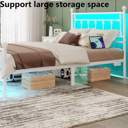 Bed Frame Full Size with Charging Station, LED Bed Frame with Victorian Style Headboard, Under-Bed Storage, No Box Spring Needed, Easy Assembly, White