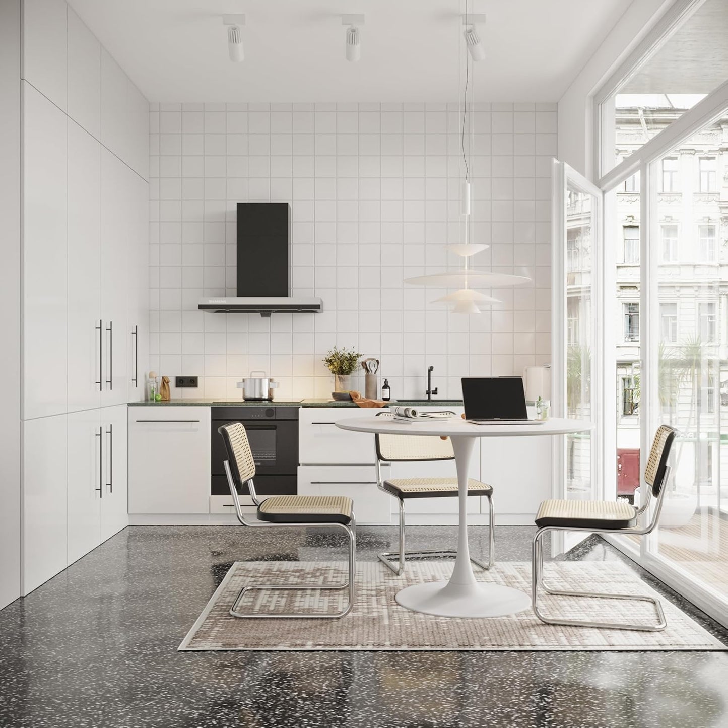 47.24" Modern Round Dining Table, Four Patchwork Tabletops with White Color Solid Wood Grain Table Top, Metal Base Dining Table, End Table Leisure Coffee Table