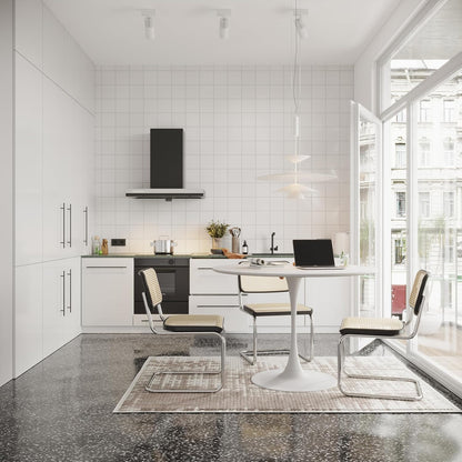 buiesjole 47,24" Modern Round Dining Table, Four Patchwork Tabletops with White Color Solid Wood Grain Table Top, Metal Base Dining Table, End Table Leisure Coffee Table