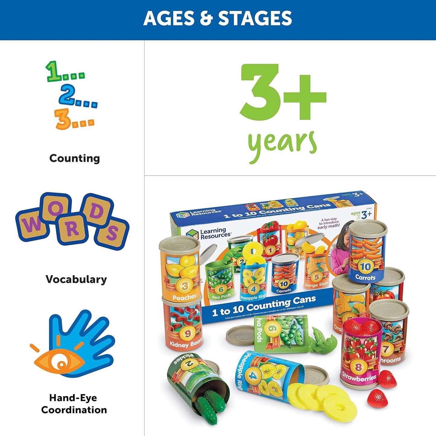 Learning Resources One To Ten Counting Cans Toy Set, Fine Motor Skills, 65 Pieces, Ages 3+, Multicolored (LER6800)