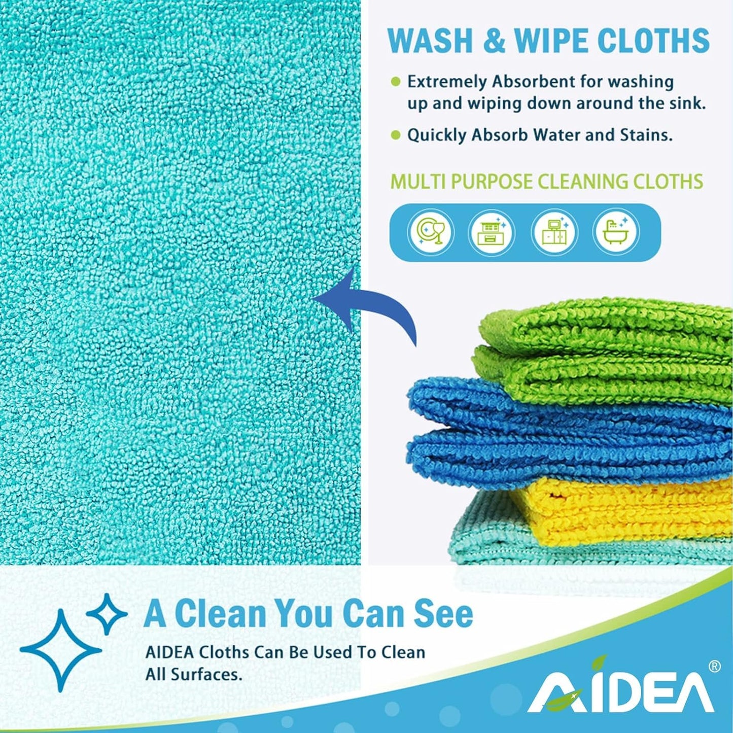 AIDEA Microfiber Cleaning Cloth, 100PK, Soft Absorbent Rags, Microfiber Towels for Cars, Kitchen Towels, Dusting Cloth for Home, Window, Cleaning Supplies, 12"×12"