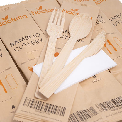 Nacterra Eco-Friendly Disposable Cutlery Set - Biodegradable Wooden Spoons, Forks, and Knives with 1 Napkin - 50 Packs - All Natural Bamboo Dinnerware Set