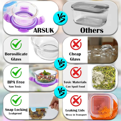 ARSUK Small Glass Food Storage Container With Lids 200ml/7oz - 6PCS Glass Mixing Bowls Set - Mean Prep Containers - Leakproof & Airtight, BPA-Free, Microwave, Oven & Freezer Safe