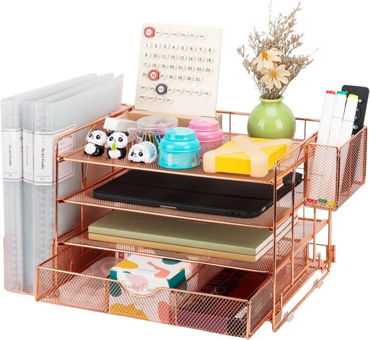 Soilsiu Desk Organizer, Office Desk Accessoreis with Drawer, 4-Tier Dorm Room Essentials for College Students, Pen Holders, Office Supplies Paper File Organizer for Desk, Rose Gold