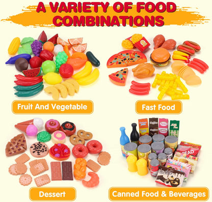 KaeKid 137 PCS Pretend Play Food Toys for Kids Kitchen Accessories Set, Toy Food Assortment, Preschool Kitchen Toys for Kids Girls Boys