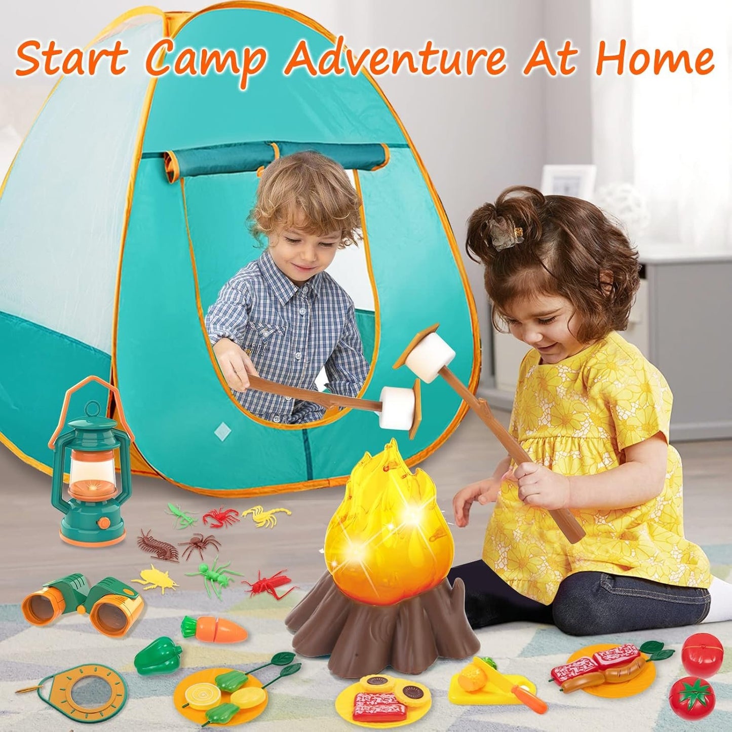 MITCIEN Kids Camping Play Tent with Toy Campfire/Marshmallow/Fruits Toys Play Tent Set for Boys Girls Indoor Outdoor Pretend-Play Game