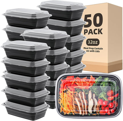 50 Pack 32 oz Meal Prep Container, Food Storage Containers with Lids, Bento Box Reusable Plastic Lunch Box Kitchen Food Take-Out Box Microwave Dishwasher Freezer Safe
