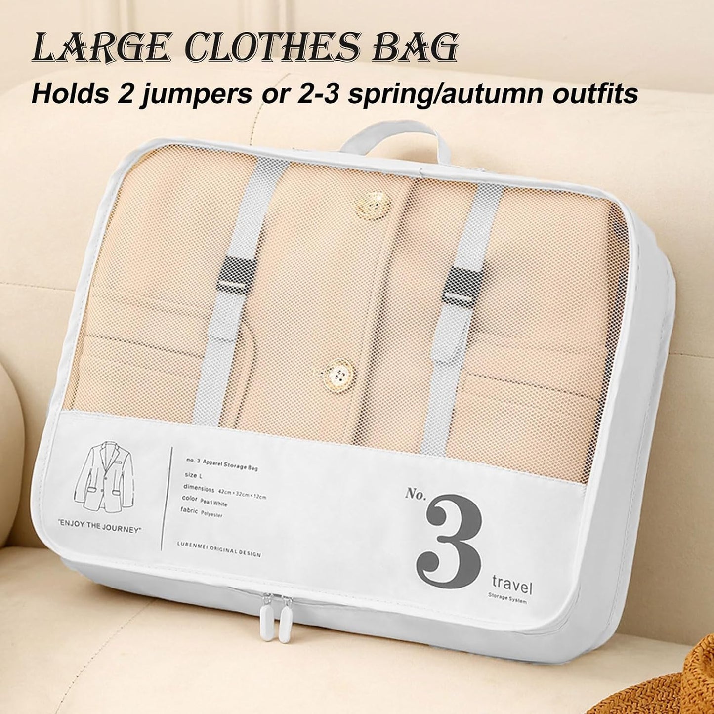 JEFEYA 7 Set Packing Cubes, Independent Digital Packing Cubes, Reusable Large Travel Packaging Bags, Waterproof Luggage Organizers Suitcase Travel Accessories (White)