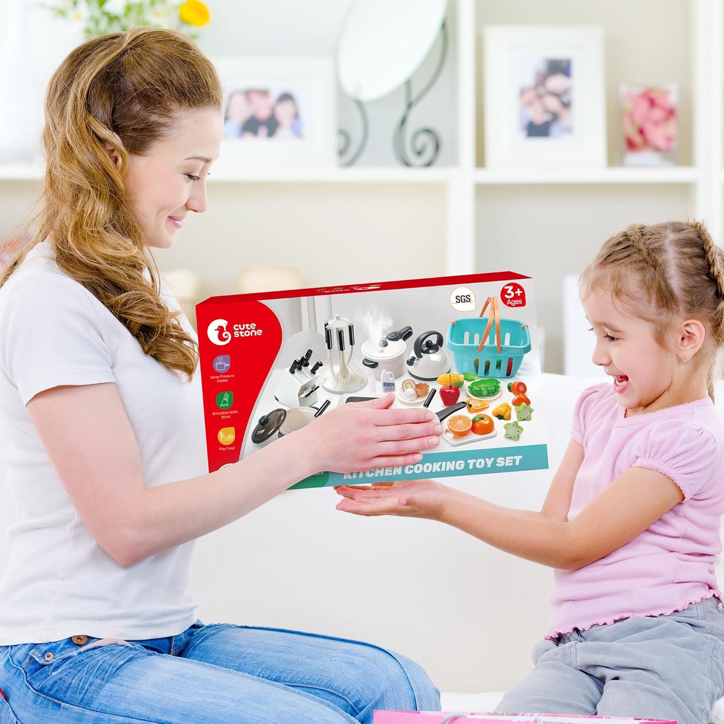 CUTE STONE 40PCS Kitchen Play Toy with Cookware Playset Spray Pressure Pot and Electronic Induction Cooktop,Cooking Utensils,Toy Cutlery,Cut Play Food,Shopping Basket Learning Gift for Girls Boys Kids