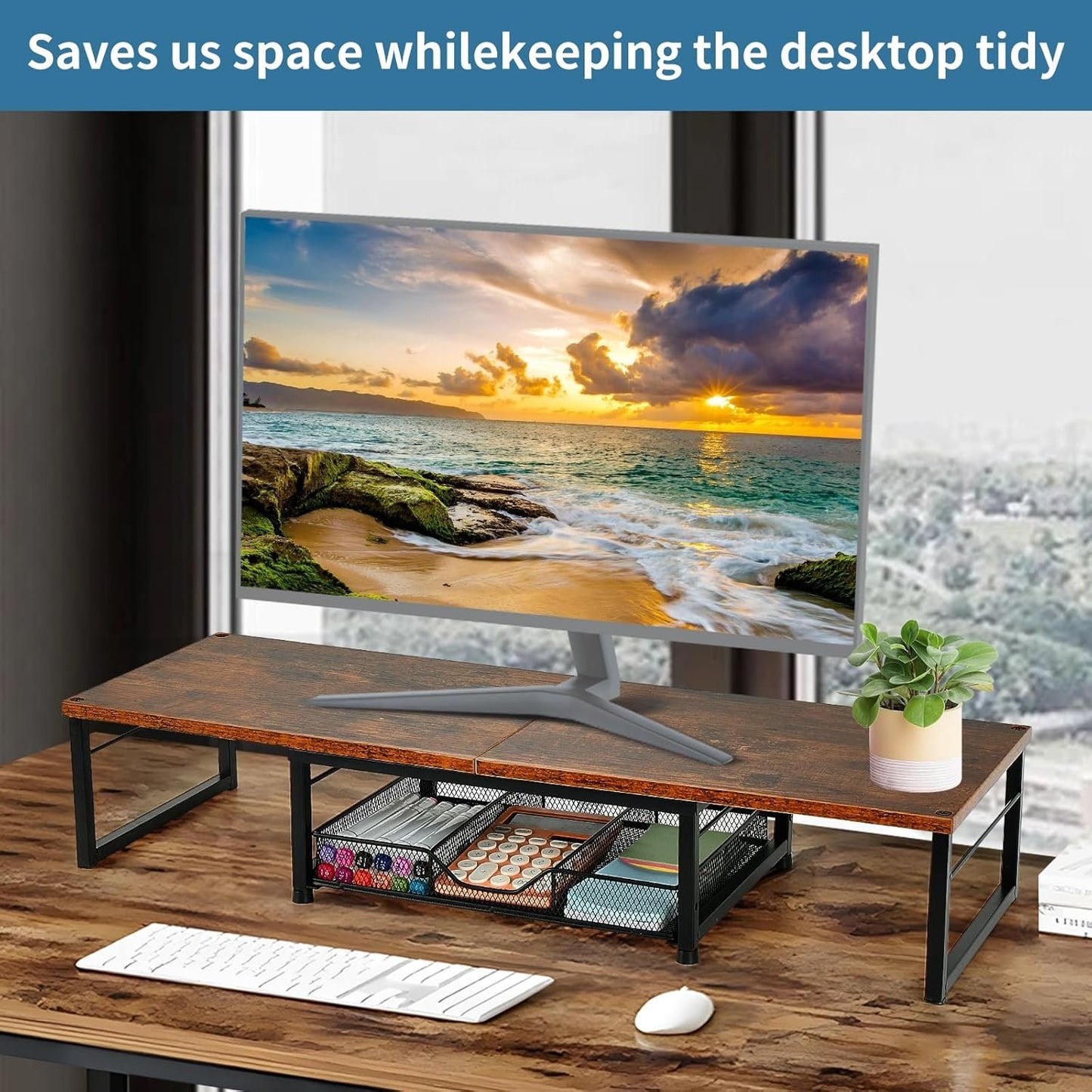 OPNICE Dual Monitor Stand Riser, Desk Organizer with Drawer, Office Desk Organizers and Accessories, Office Workspace Organization Computer Monitor Stand for Laptop, Printer, TV, Office Supplies,
