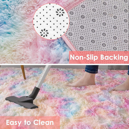Shaggy Rugs Fluffy Area Rugs 4x5.2 Ft, Large Tie-Dyed Plush Fuzzy Rug, Ultra Soft Modern Furry Carpet for Bedroom, Anti-Skid Indoor Carpets Nursery Rug for Kids Room Home Decor (Rainbow, 120 * 160cm)