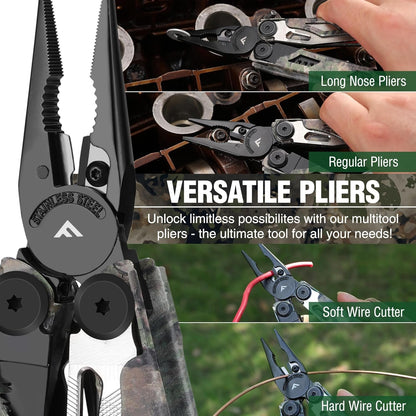FLISSA 18-in-1 Multitool Pocket Knife with Sheath, Durable Stainless Steel Multi Tool Pliers for Men, Camo All-in-One Tool for Camping, Fishing, and Outdoor Use