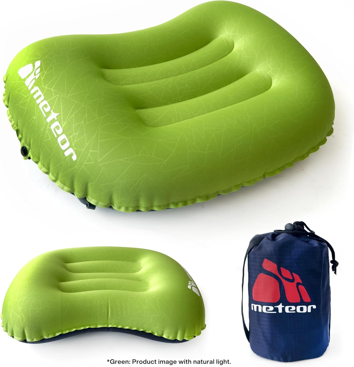 Meteor Ultralight Inflatable Camping Pillow – Compact 110g Travel Cushion for Beach, Flight, Outdoor, Lumbar, and Neck Support (Green)