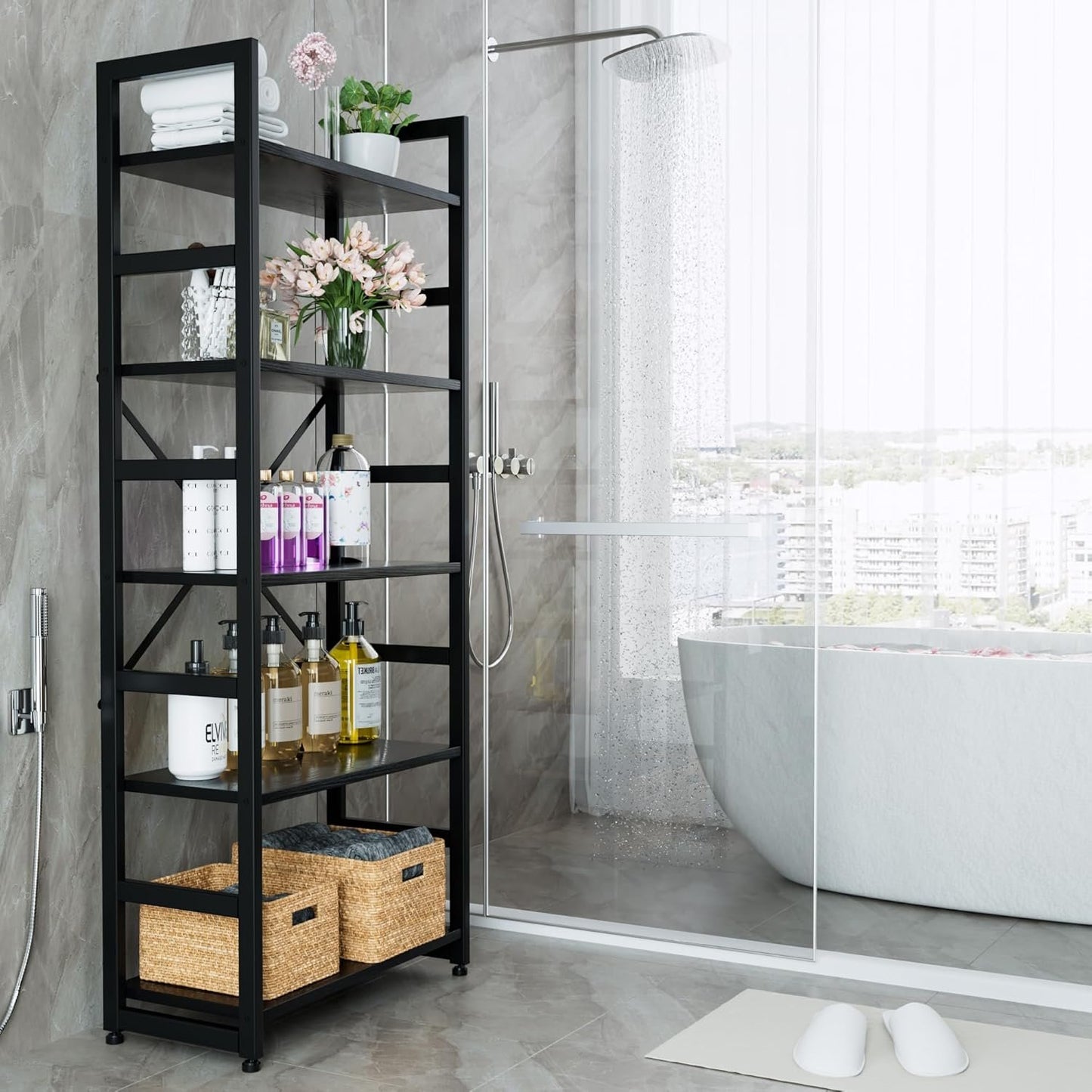Leadiy Industrial Bookshelf,5-Tier Rustic Black Book Shelves,24”Storage Rack with Metal Frame，Standing Wood Bookcase, Display and Book Organization in Living Room,Bedroom 24 * 11.8 * 63 inch(Black