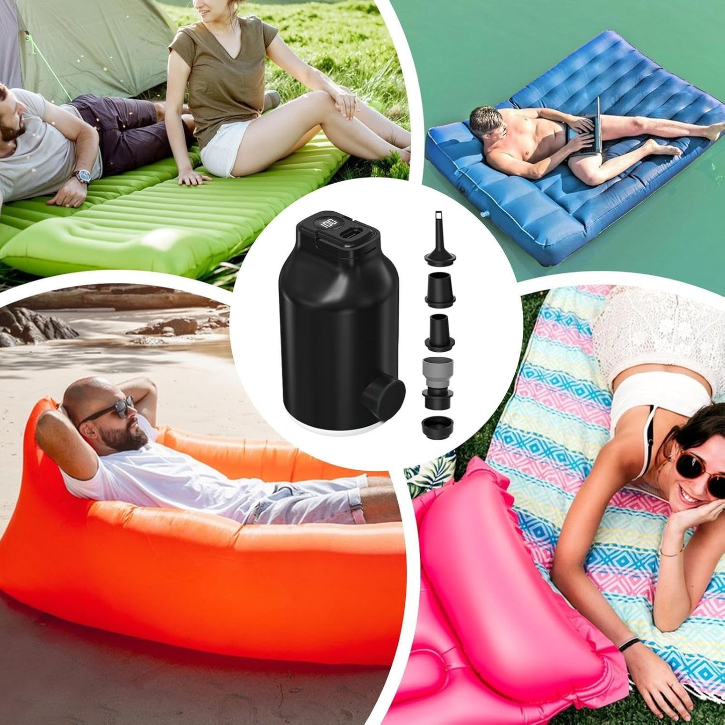 Air Pump, Electric LED Inflator, Portable Five-Nozzle Design, Compact Lightweight Build, Portable Blower for Sleeping Bags, Swimming Gear, Travel, Camping Use, 2.05x3.74 Inches