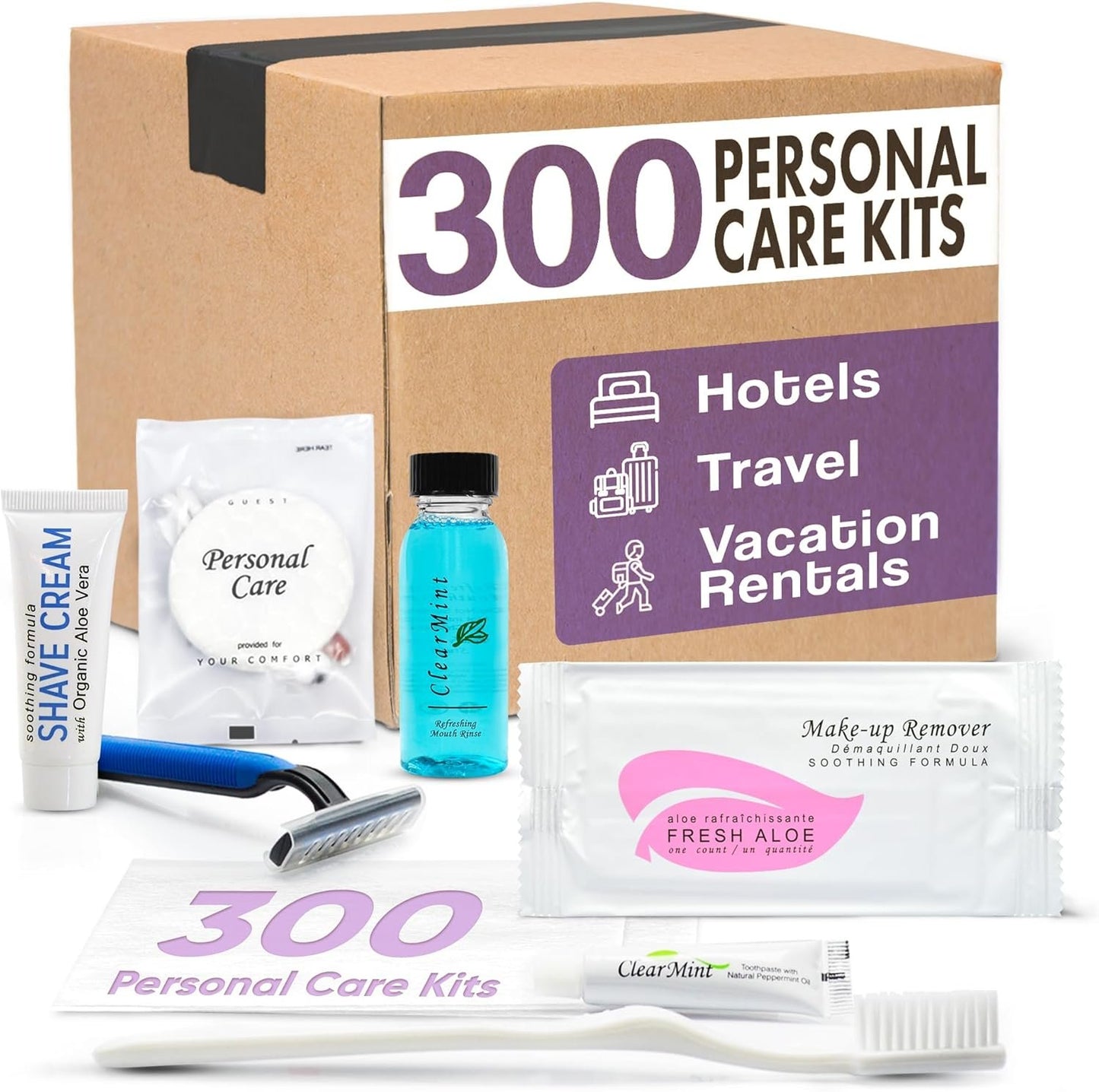 Personal Care Travel Size Toiletries | 1-Shoppe All-In-Kit Hotel Amenities Bulk | Travel Shaving Set, Toothbrush & Paste, Mouthwash, Makeup Wipes, Swabs, Nail File & Sewing Kit | 300 Pcs