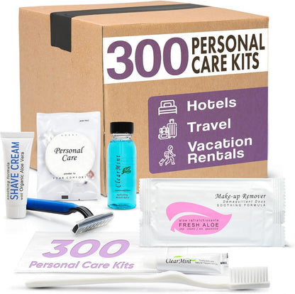 Personal Care Travel Size Toiletries | 1-Shoppe All-In-Kit Hotel Amenities Bulk | Travel Shaving Set, Toothbrush & Paste, Mouthwash, Makeup Wipes, Swabs, Nail File & Sewing Kit | 300 Pcs