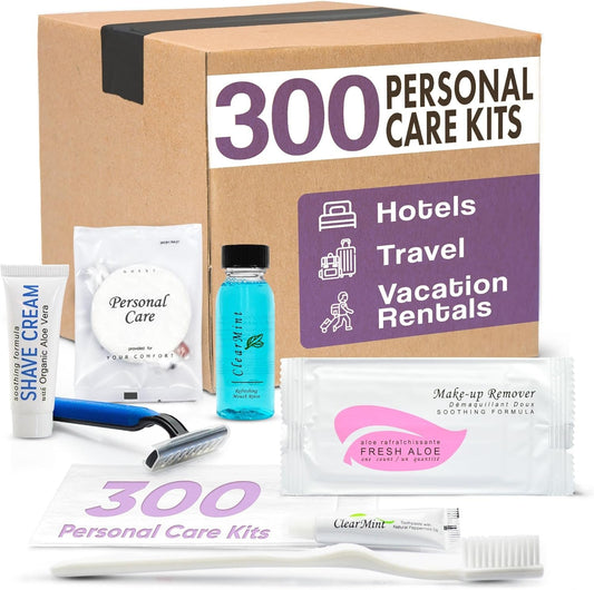 Personal Care Travel Size Toiletries | 1-Shoppe All-In-Kit Hotel Amenities Bulk | Travel Shaving Set, Toothbrush & Paste, Mouthwash, Makeup Wipes, Swabs, Nail File & Sewing Kit | 300 Pcs