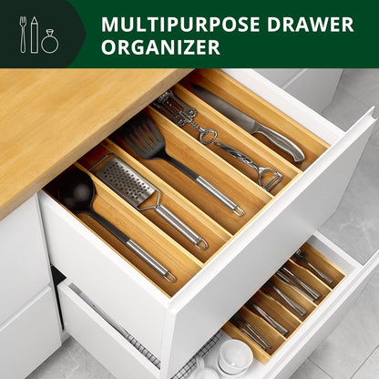 Bamboo Kitchen Drawer Organizer - Expandable Silverware Organizer/Utensil Holder and Cutlery Tray with Grooved Drawer Dividers for Flatware and Kitchen Utensils (Natural, 5 Slots)