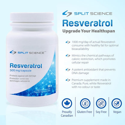 Split Science Canadian-Made 98% Premium Resveratrol | High Concentration 1000mg per serving, 500mg per capsule | High Bioavailability, Cellular Support and Intracellular Antioxidant | 60 Vegan Capsules
