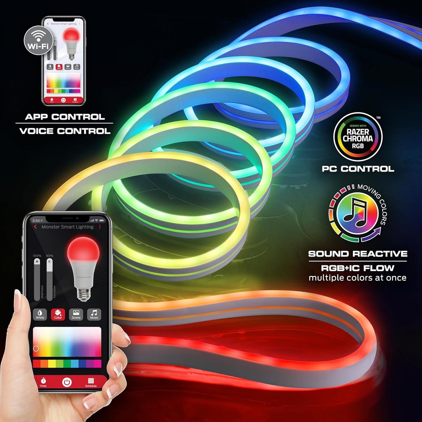 Monster Smart Neon LED Light Strip, 16.4 Ft RGB+IC Wi-Fi LED Rope Light, Water Resistant for Outdoor & Indoor, Compatible with Alexa Google Home & Siri, App & Voice Control, Sound Reactive, Flexible