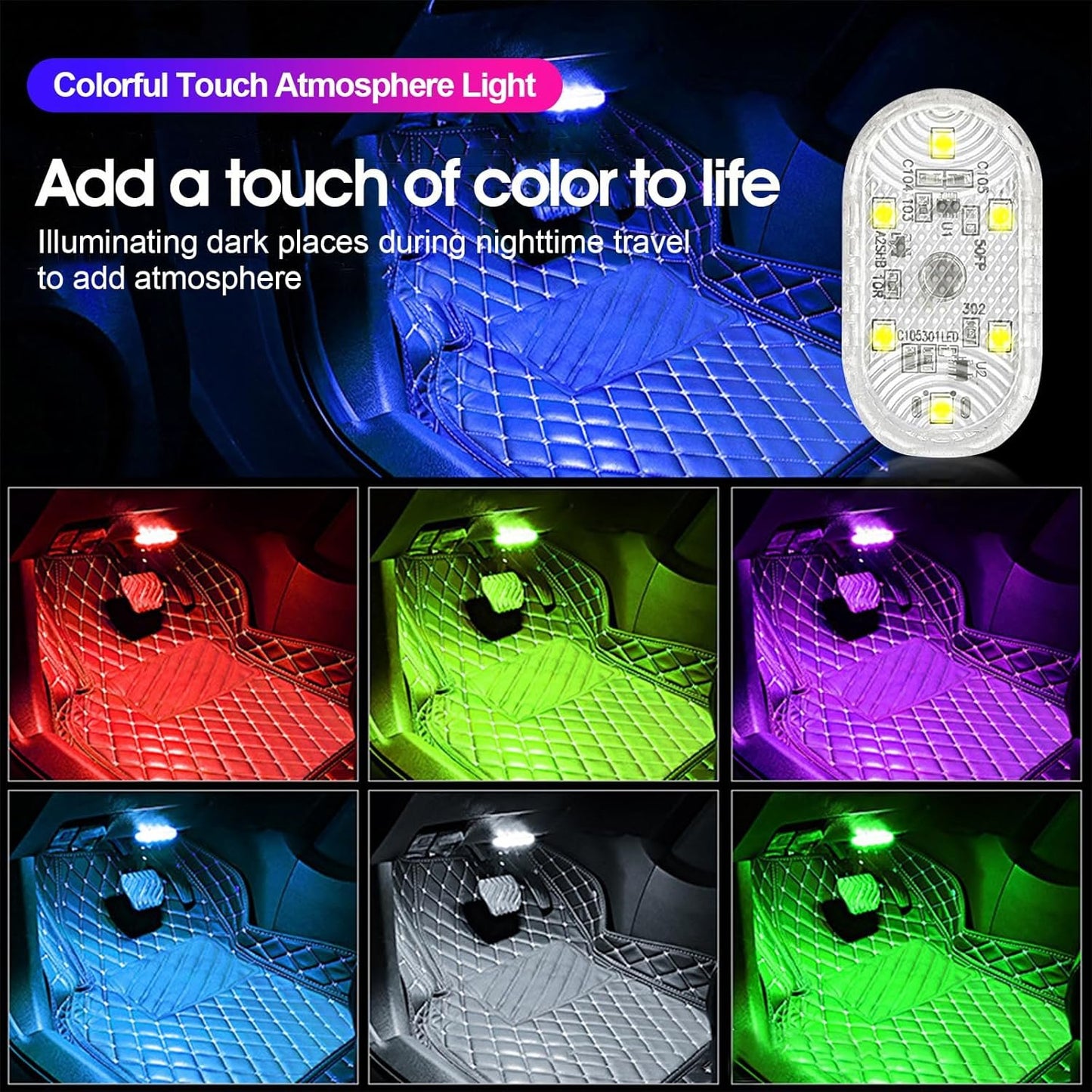 4 x LED Car Interior Wireless Interior Lights for RGB Interior with 6 LEDs, 7 Colours Adjustable USB Rechargeable Wireless Car Touch Accessories for Interior Ambient Lighting