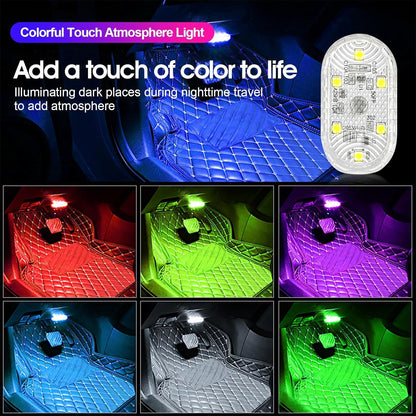4 x LED Car Interior Wireless Interior Lights for RGB Interior with 6 LEDs, 7 Colours Adjustable USB Rechargeable Wireless Car Touch Accessories for Interior Ambient Lighting