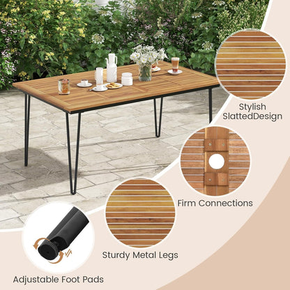 Tangkula 63-Inch Outdoor Dining Table, Patio Dining Table for 6 People w/Acacia Wood Tabletop & Metal Legs, Rectangular Wood Table w/Umbrella Hole for Patio, Yard, Garden & Deck
