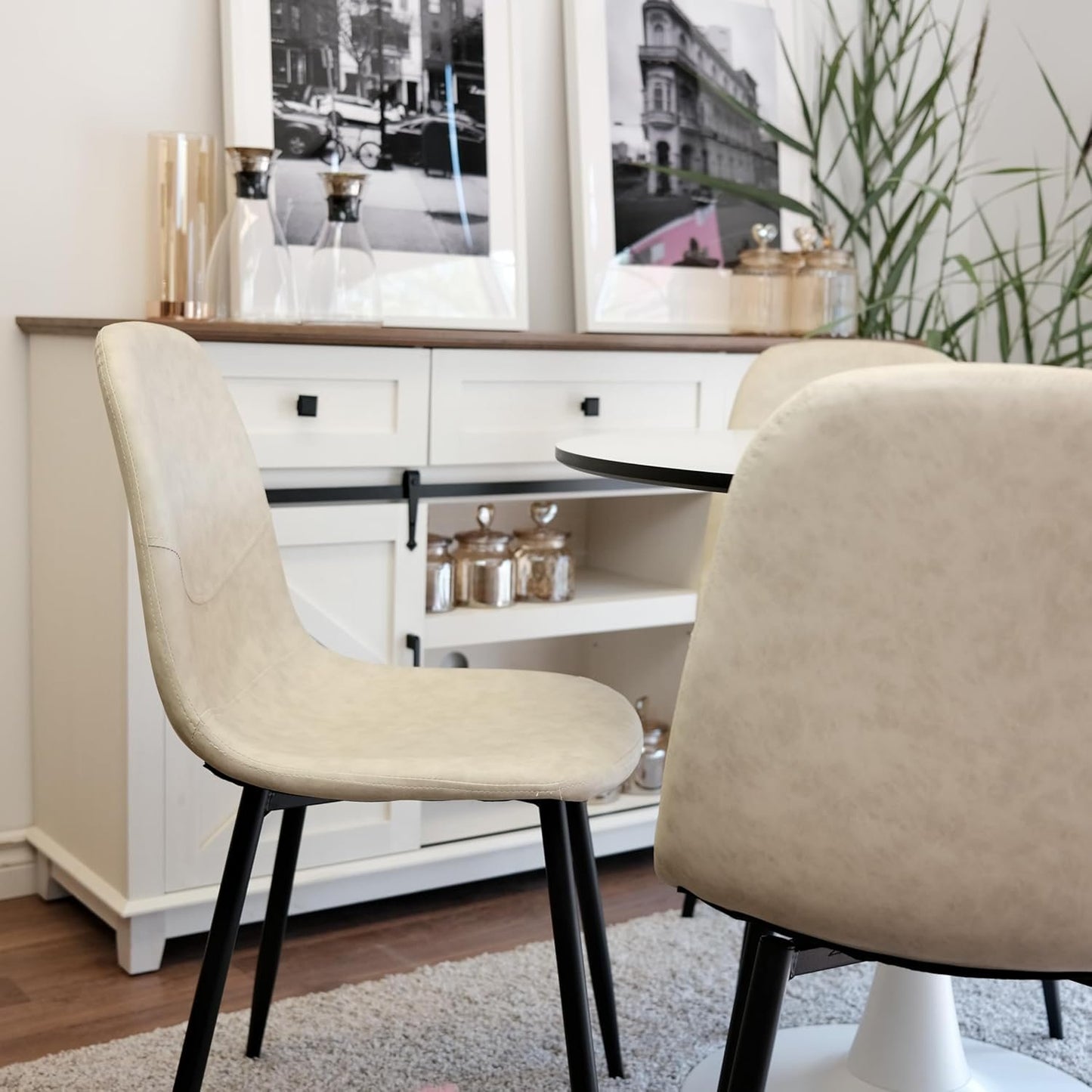 Inspirer Studio Dining Table Set for 4 - Tuilp Table with 4 Upholstered Dining Chairs (Matt Cream)