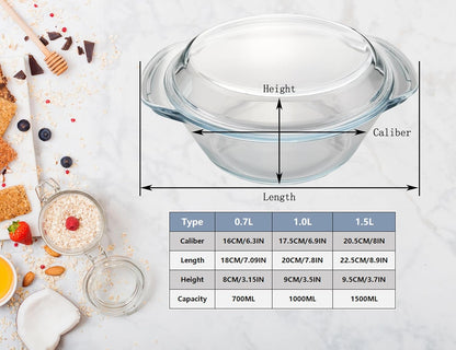Mapeoes Casserole Baking Dish with 2 pcs for Oven, 1 QT large,Round with Handle and Glass Lid, Borosilicate Glass, Oven Microwave Dishwasher freezer safe,Cookware Bowl,Clear