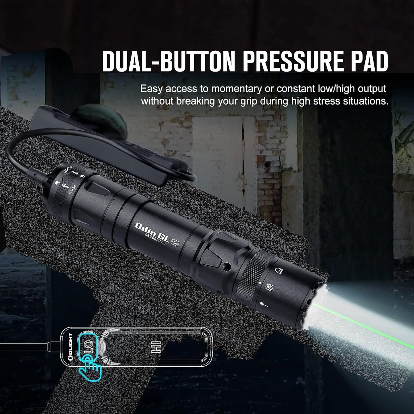 OLIGHT Odin GL Mini 1000 Lumens Rechargeable Tactical Flashlight, Picatinny Rail Mounted Light with Green Beam and White LED Combo, Dual-Button Remote Pressure Switch Flashlight for Hunting, Outdoor