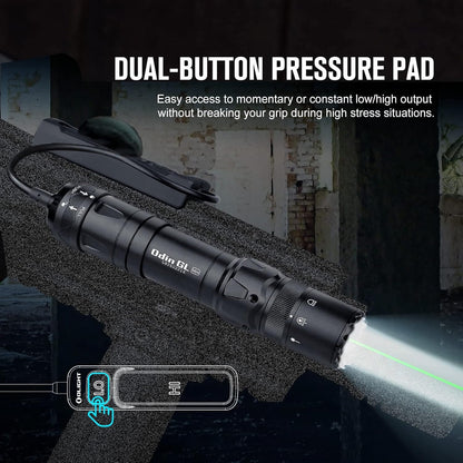 OLIGHT Odin GL Mini 1000 Lumens Rechargeable Tactical Flashlight, Picatinny Rail Mounted Light with Green Beam and White LED Combo, Dual-Button Remote Pressure Switch Flashlight for Hunting, Outdoor