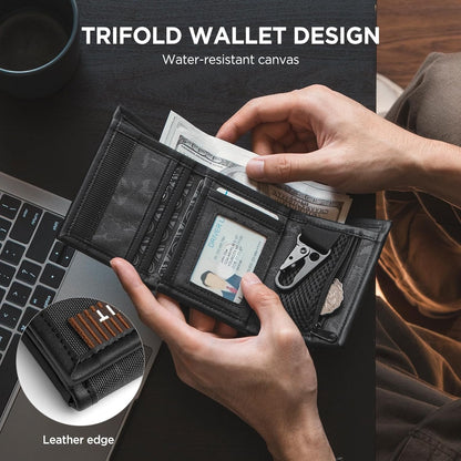 VULKIT Mens RFID Blocking Trifold Wallet Water-Rsistant Fabric and Leather Credit Card Holder with Zip Coin Pocket & Key Buckle for Daily Travel Outdoor