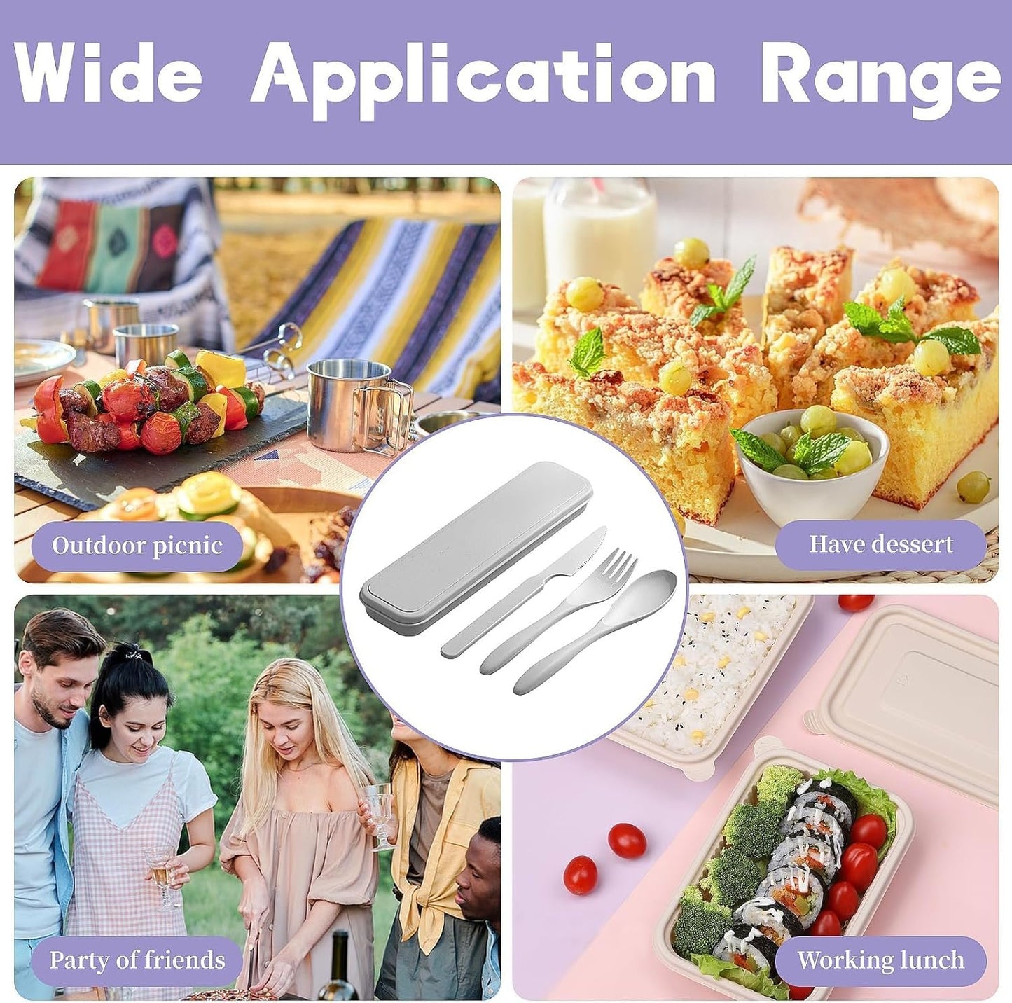 3 Pack Travel Cutlery Set, Reusable Plastic Utensils Knife Fork Spoon Set Portable Camping Utensil Set with Case for Travel Picnic Outdoor (Gray, Black, Purple)