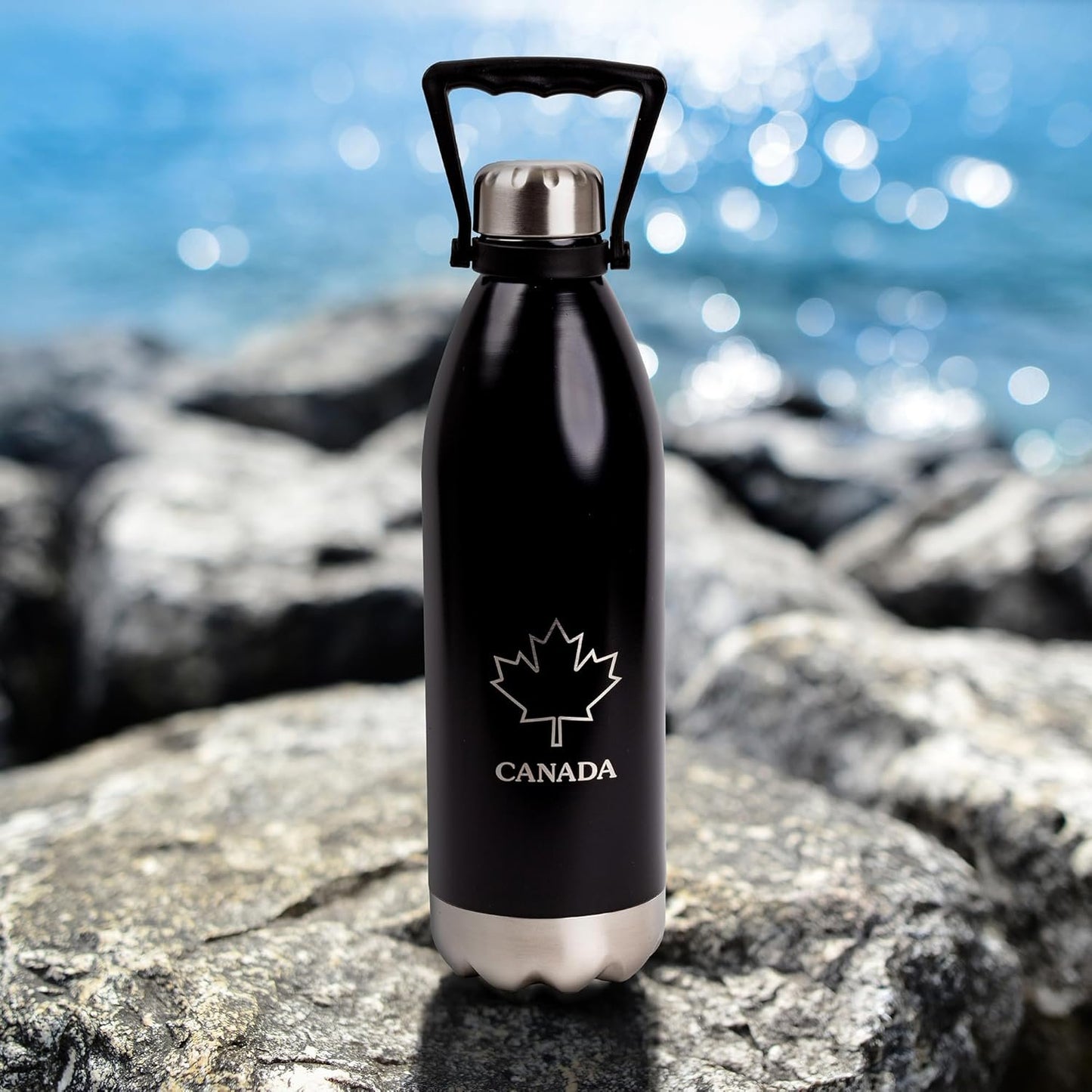 PURE Insulated Water Bottle, 1.5 L, Black - Large Canada Stainless Steel Metal Vacuum Thermal Leak Proof Water Bottles with Handle for Sports, Travel, Home and Office