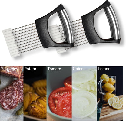 Stainless Steel Onion Slicer, Potato Holder, Perfct for Slicing Guide Vegetable Potato Lemon Cutter Slicer,Stainless Steel Cutting Kitchen Gadget, 2pcs Pack