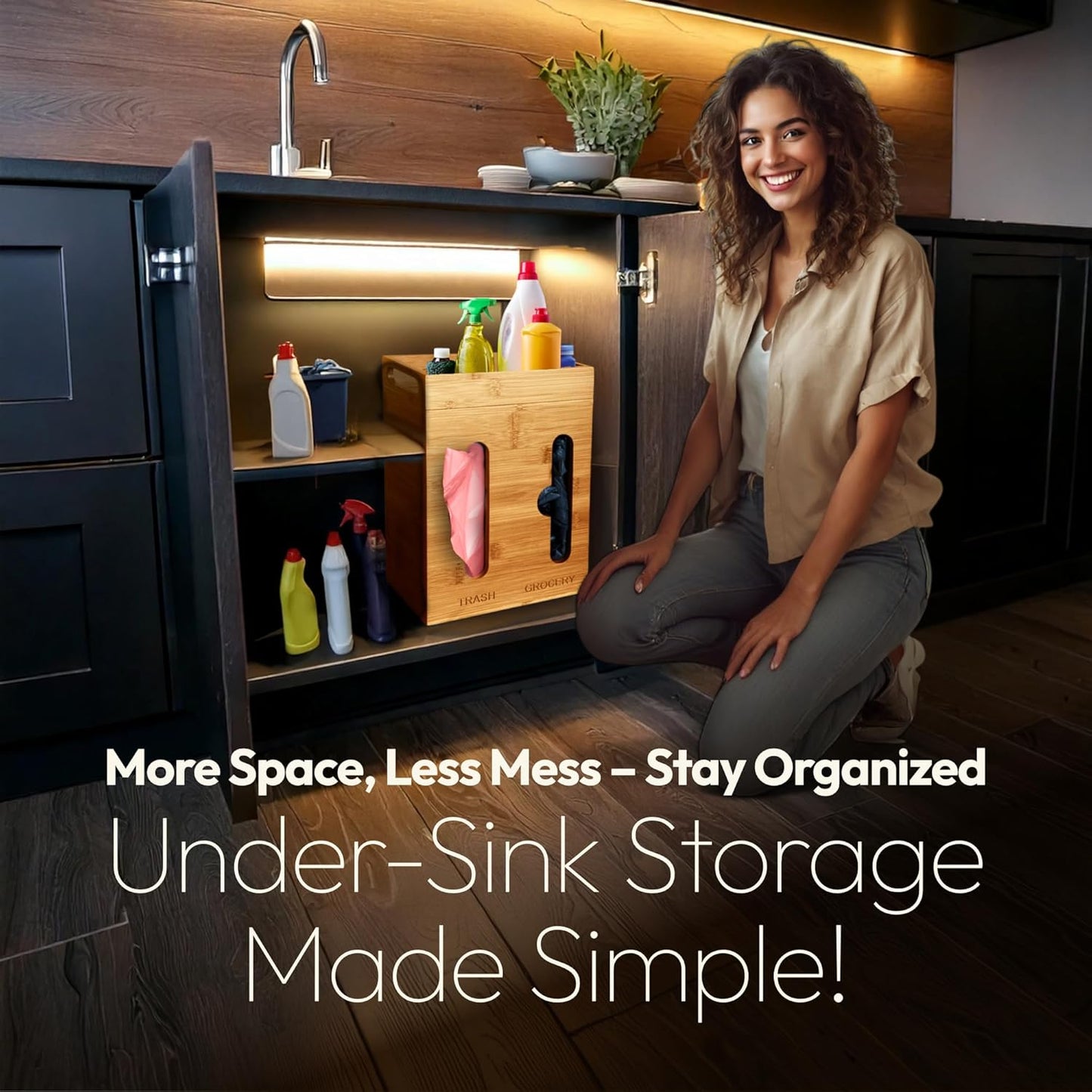 Plastic Bag Holder and Dispenser – Pantry Organizer for Kitchen Accessories - Under Sink Organizer and Storage for Kitchen Essentials - Bamboo Cabinet Dispenser and Trash Bag Holder