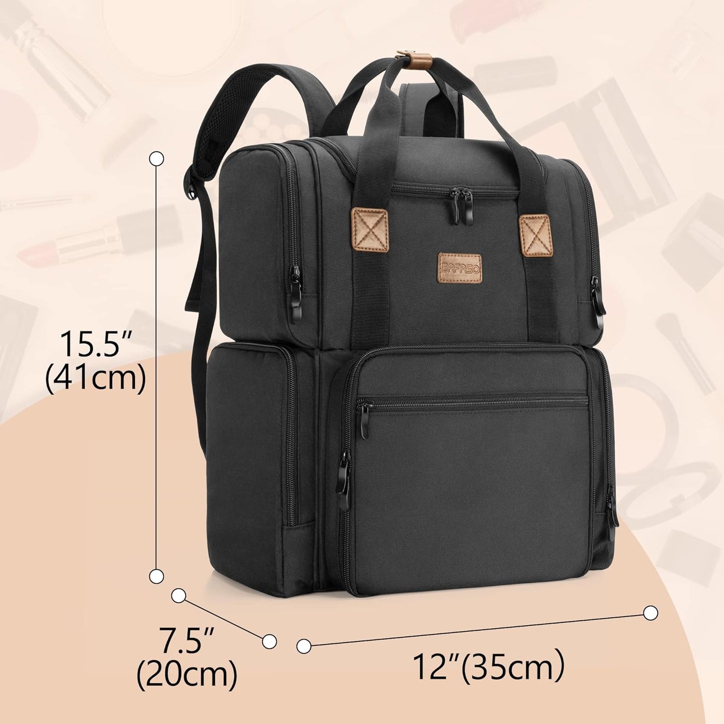 BAFASO Cosmetic Bag Backpack with 3 Removable Inner Pockets, Travel Makeup Bag with Multiple Pockets, Black