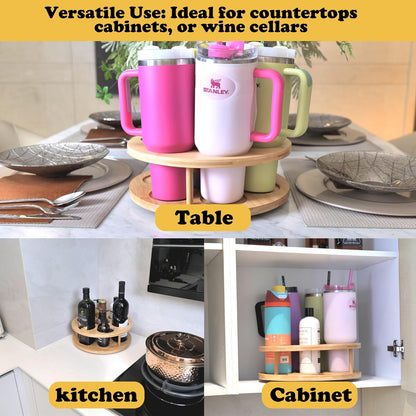 7 Slots Water Bottle Organizer for Stanley Tumbler, Rotatable Stanley Cup Organizer Holder for Kitchen Cabinets, Bamboo Wood Water Bottle Storage Rack for Stanley Cup Accessories