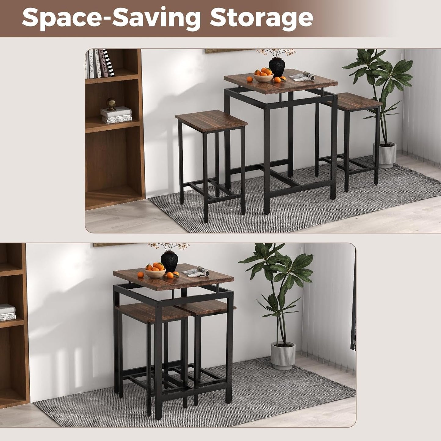 Giantex Small Dining Table Set for 2 - Counter Height Table Set with 2 Stools, Floating Tabletop, Footrest, Metal Frame, Breakfast Nook Table Set for Apartment, Kitchen Table Chairs Set of 2, Brown